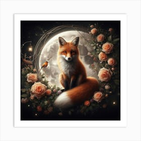 Fox And Roses Art Print