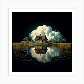 Firefly Black Background, Reflection, Old House, Cloud, Pond, Atmospheric, Serene, Mysterious, Moody Art Print