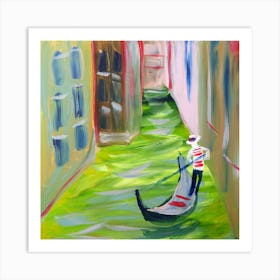 Venice Memoir - painting hand painted acrylic square italy venice gondola gondolier green water houses living room travel Art Print