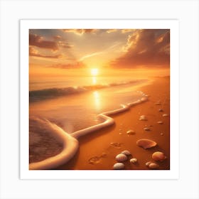 Golden Sunset Beach Wall Print Art A Tranquil Beach Scene With Gentle Waves And A Golden Sunset, Perfect For Bringing Warmth And Relaxation To Any Space Art Print