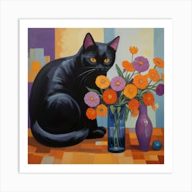 Black Cat With Flowers 5 Art Print