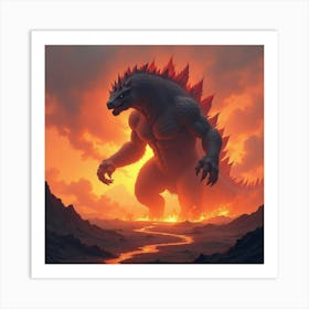 Titan Monster In A Watercolor Fiery Volcanic Field 1 Art Print