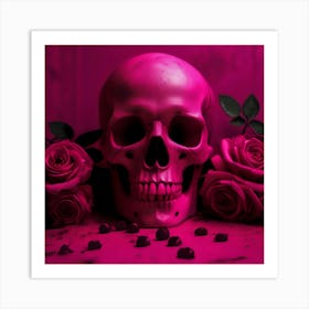 Pink Skull With Roses Art Print