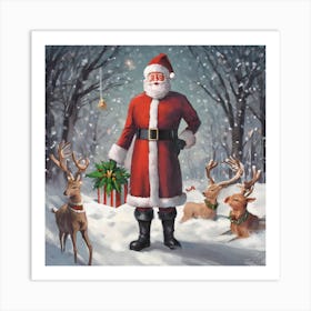 Santa Claus And Deer Art Print