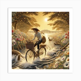 Young boy ridding the bicycle with golden coins in the basket Art Print