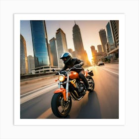 Motorbike Motorcycle Driver Steering Wheel Handlebar City Urban Sunset Riding Road Street (7) Art Print