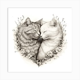 Delicate Ink Drawing of Cats Love Heart 10 Art Print