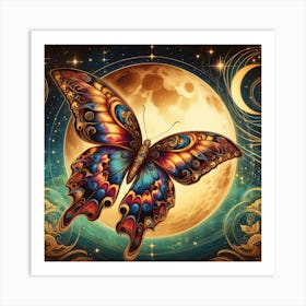 Celestial Butterfly in Green & Gold with Moon II Art Print