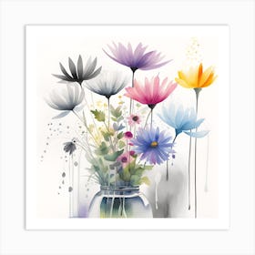 Watercolor Flowers In A Vase Monochromatic 7 Art Print