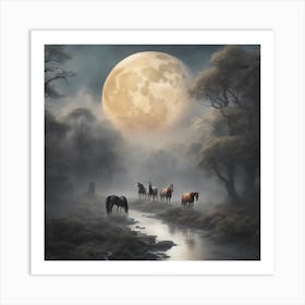 A large moon with famous horses and a babbling river, surrounded by towering trees and shrouded in mist, ethereal, dreamlike, Art Print