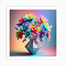 3d Multicolored Flowers In A Vase Art Print