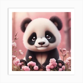 Baby Panda Bear With Pink Flowers Art Print