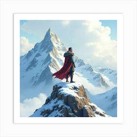 Noble Warrior Standing On A Snowy Mountain Peak, Watercolor Landscape 1 Art Print