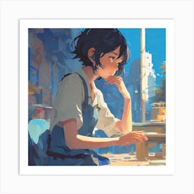 Anime Girl Sitting At Table Art Print