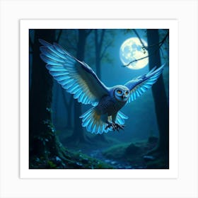 A Mystical Owl With Shimmering Blue Feathers, Flying Through A Moonlit Enchanted Forest Art Print