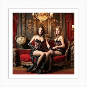 Steampunk Girls Relaxing Cubism Style Art Print