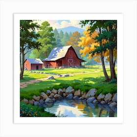 Red Barn In The Woods Art Print