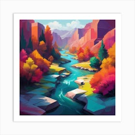 A modern digital painting of a river, with bold, geometric shapes and a vibrant color scheme, showcasing the beauty of technology and nature combined. Art Print