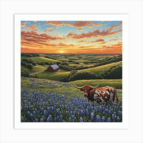 Sunset In The Bluebonnet Field Art Print