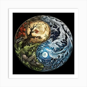 Yin Yang, Yin And Yang Symbol With Natural Elements Representing Balance And Harmony Art Print