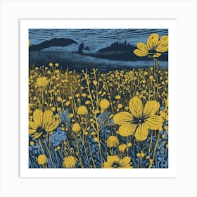 Linocut Flower Meadow Mustard Blue 1 Art Print