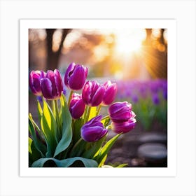 Bouquet Of Vibrant Purple Tulips Rising Toward A Majestic Sun In A Lush Spring Park Three Graceful (3) Art Print