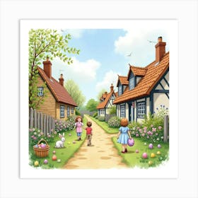 An English Village Easter Egg Hunt With Children And Families, Watercolor 1 Art Print