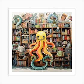 Octopus In The Library Art Print