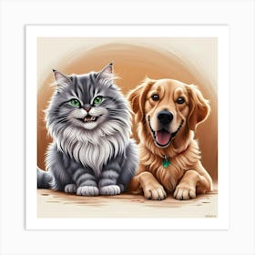 A Breathtakingly Detailed, Vibrant, And Humorous Illustration Of An Unlikely Yet Adorable Cat And Dog Art Print