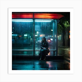 Image Of A Reflective Poised Woman Seated Alone Under A Bus Shelter As Rain Sparkles Around Her Li Art Print