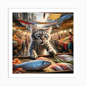 Cat At The Fish Market 2 Art Print