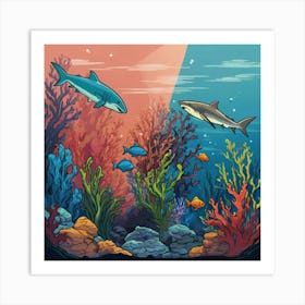 Default Aquarium With Coral Fishsome Shark Fishes View From Th 3 Art Print