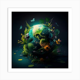 Earth With Flowers And Butterflies Art Print