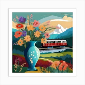 Flower Vase Decorated with Landscape and Train, Blue, Red and Green Art Print