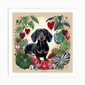 Black Dachshund in the Winter Garden Art Print