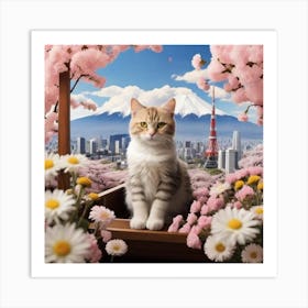 Cat In Cherry Blossoms 1 Art Print