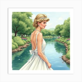 Elegant Watercolor Of Princess Diana With A Tranquil River View 1 Art Print