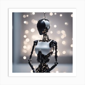 Porcelain And Hammered Matt Black Android Marionette Showing Cracked Inner Working, Tiny White Flowe Art Print