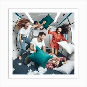 A Group Of Friends Having A Pillow Fight In Zero Gravity, Floating Around The Room And Laughing Hysterically Art Print