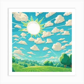 Cartoon Landscape With Sun And Clouds Art Print