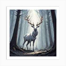 A White Stag In A Fog Forest In Minimalist Style Square Composition 57 Art Print