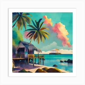 Double Exposure Of A Twin Palms And A Beach With (3) Art Print