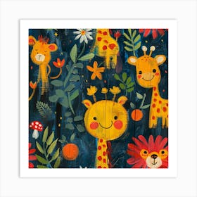 Giraffes And Flowers Art Print