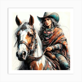 Cowgirl Beauty On A Checked Horse Color Drawing Art Print