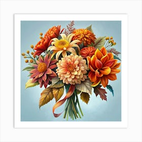 Bouquet Of Autumn Flowers With A Brown Ribbon Art Print