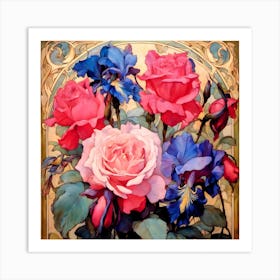 Roses And Irises Art Print