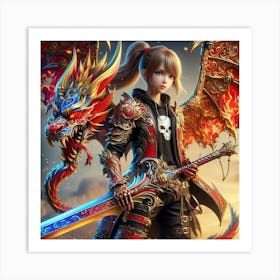 Girl With A Sword And Dragon Art Print