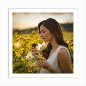 Beautiful Woman Smelling Flowers Art Print