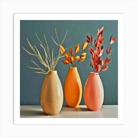 three vases with different colored flowers in them on a table, Three Vases Art Print