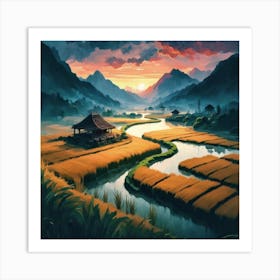 Beautiful views of rice fields, close to the river and surrounded by mountains, 9 Art Print